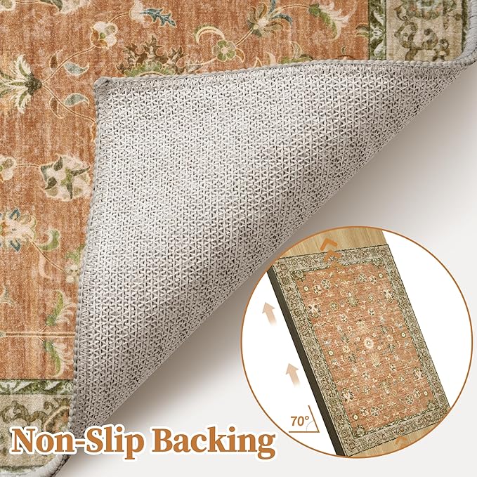 Tangsoo Floral Small Rug 2x3 Washable Rug for Entryways Vintage Non-Slip Area Rugs Terracotta Entry Rugs Distressed Floor Carpet Soft Low Pile Door Mat for Entrance Bedroom Kitchen Foyer Decor