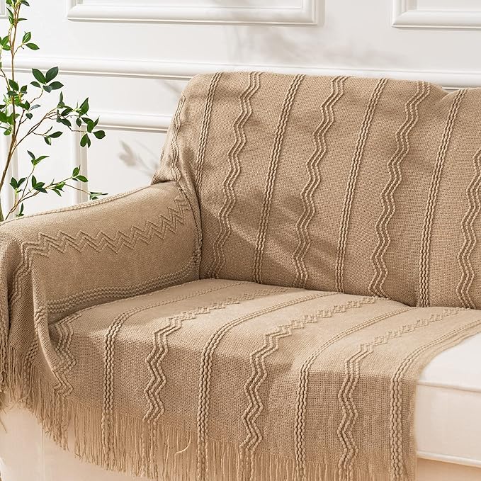 BATTILO HOME Tan Throw Blanket for Bed, Boho Decorative Blanket for Couch, Taupe Throw Blanket for Home Decor, 50"x60"