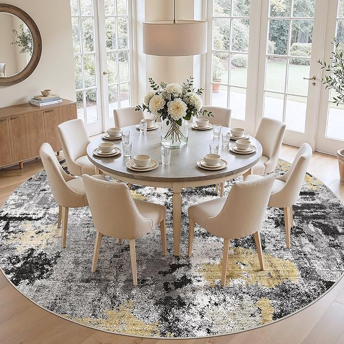 Abstract 12FT Round Rug: Machine Washable Non Slip Ultra Thin Low-Pile Carpet, Soft Stain Resistant for Living Dining Room Bedroom, Kid Pet Friendly, Robot Vacuum Compatible - Black Gold