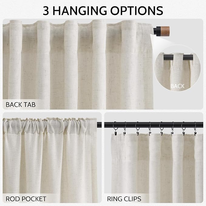 Nanspring Mousse White Curtains 90 Inches Long for Living Room Linen Light Filtering Semi Sheer Curtain Back Tab Rod Pocket Simple Modern Elegant Coastal Decor Drapes for Bedroom 52x90, 2 Panels