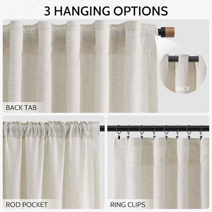 Nanspring Mousse White Linen Curtains 96 Inches Long for Living Room Simple Modern Luxury Light Filtering Semi Sheer Curtain Back Tab Neutral Coastal Decor Drapes for Bedroom Office 52x96, 2 Panels