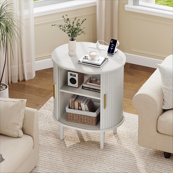 DHH Mid Century Modern Nightstand Set of 2 with Charging Station, Fluted Accent Side Table with Sliding Door & Adjustable Shelf, End Table for Small Space, Living Room, Bedroom,Sofa Couch, White