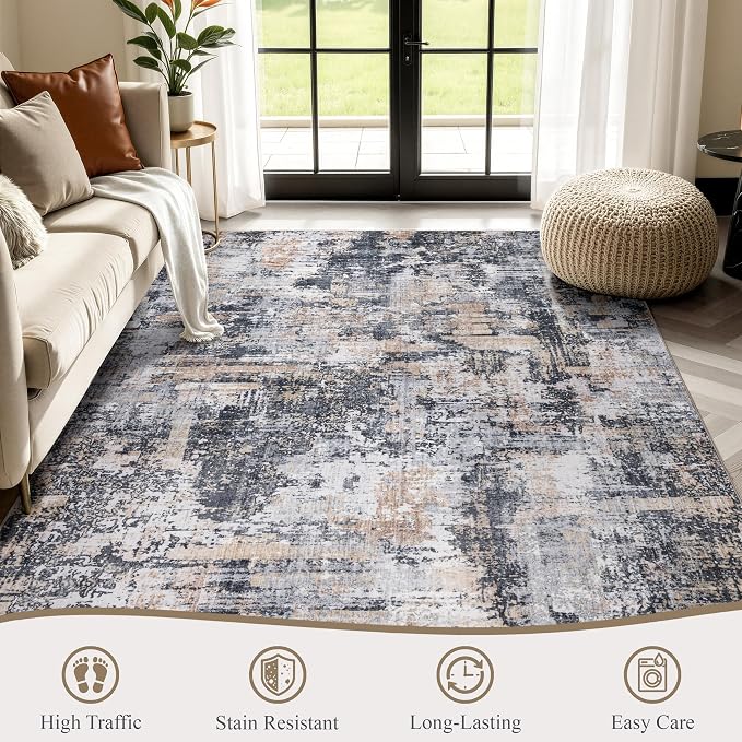 Sasttie 4x6 Soft Area Rug for Living Room, Modern Abstract Washable Carpet for Bedroom, with Non-Slip Backing, Black and Cream