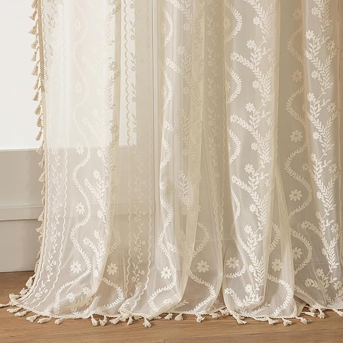 WAZZIO Boho Lace Curtains 2 Panels 54 Inches -Cute Vintage Victorian Sheer Panel Drape French Country Floral Pattern & Tassel Light Filtering Privacy for Bedroom Dining Living Room,Beige,W52x L54