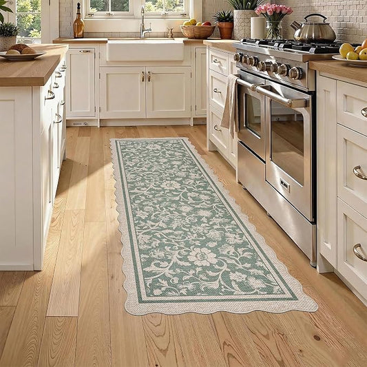 ORTIGIA Scalloped Easy Jute 2x6 Kitchen Runner Rug Vintage Green Floral Farmhouse Washable Rug Non-Slip Outdoor Carpet for Entryway Indoor Hallway Patio Laundry Room