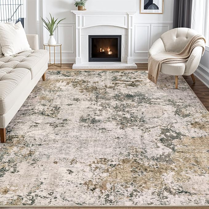 Area Rugs for Living Room: 10x14 Abstract Washable Rug Large Soft Stain Resistant Non-Slip Backing for Bedroom Dining Room Indoor Home Office Carpet for Kids Pet Friendly Families - Dark Brown