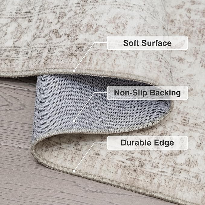 FMFUNCTEX 10x12 Washable Area Rug Beige Vintage Neutral Distressed Large Non Slip Carpet for Living Room Bedroom Soft Low Pile Indoor Mat Retro Floral Throw Rug for Dining Room Kitchen Office Nursery
