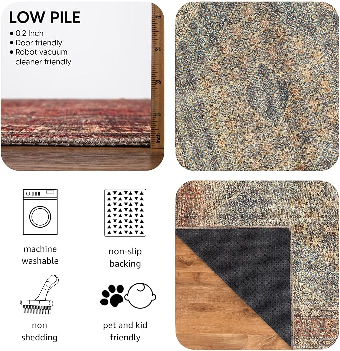 Keen Home Design 8x10 Rug - Machine Washable Area Rug with Non-Slip Backing, Ideal for Living Room, Dining Room, Bedroom - Vintage, Easy Clean, Durable, Low Pile Rug - (8' x 10')