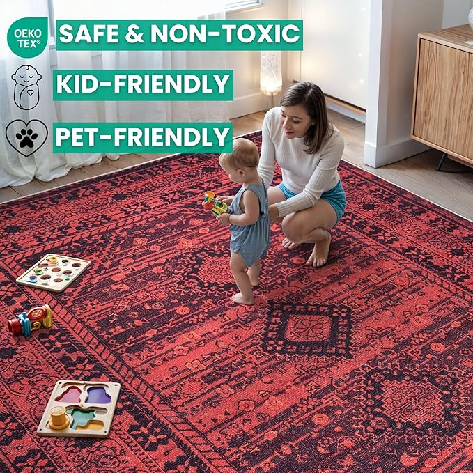 Bloom Rugs Washable Non-Slip 8' x 10' Rug - Red Traditional Bordered Area Rug for Living Room, Bedroom, Dining Room, and Kitchen - Exact Size: 8' x 10'