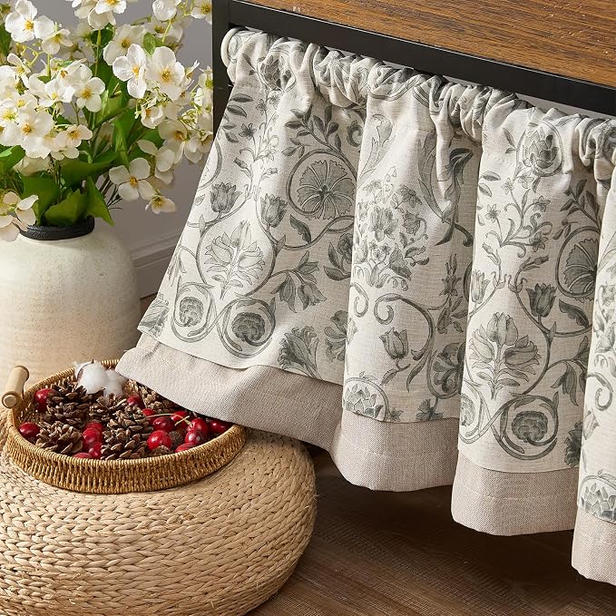 jinchan Linen Valance Kitchen Curtain Pack of 2 Double Layer 16 Inch for Living Room Bedroom Window Treatment Light Filtering Vintage Farmhouse Cottagecore Rod Pocket 2 Panels Grey on Beige