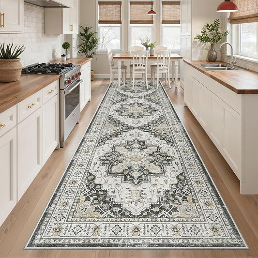 Madane Hallway Runner Rug 3x10 Washable Kitchen Runners 10ft, Black | Vintage Non-Slip Entryway Area Rugs Indoor, Soft Low-Pile Farmhouse Wide Floor Carpet for Bathroom Living Room Bedroom Foyer