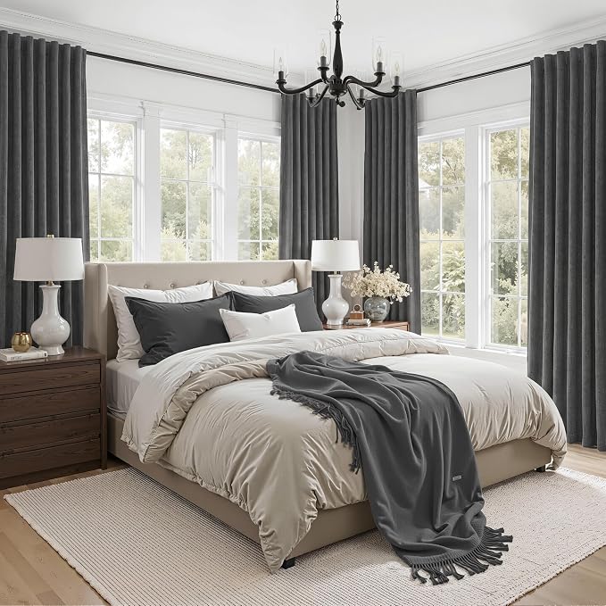 Dark Grey Blackout Curtains 84 Inch Length 2 Panels Set for Bedroom,Modern Faux Linen Room Darkening Pleated Charcoal Gray Burg with Rod Pocket 84 Inch Insulated Curtain for Office Sunroom (50"Wx84"L)