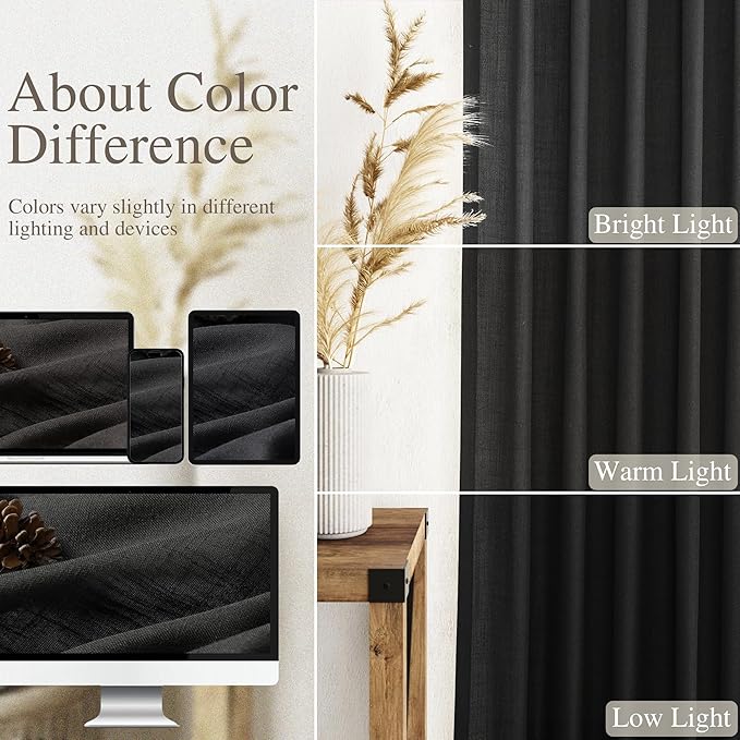 Black Linen Curtains 120 inch Extra Long for Living Room Back Tab Light Filtering Semi Sheer Drapes Modern Farmhouse Muslin Look Decor Cotton Textured Curtain for Floor to Ceiling Window 10 FT