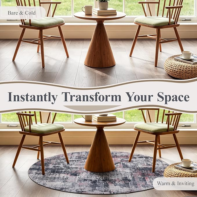 Sasttie 5ft Soft Round Area Rug, Modern Abstract Washable Circle Carpet for Living Room, Bedroom, Dining Room Table, with Non-Slip Backing, Black and Pink