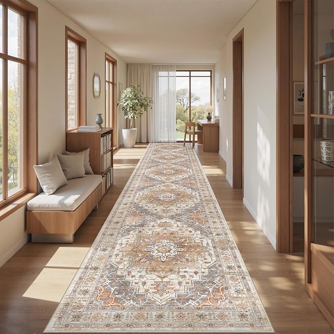 2'6" x 14'Non Slip Runner Rugs - Runners for hallways, Kitchen,Entryway,Stain Resistant Washable Rugs for Bedroom, Indoor Vintage Area Rugs (Turmeric/Grey,2'6" x 14')