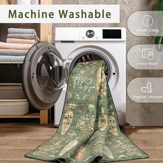 Srugn Washable Rugs 8x10 Area Rugs for Living Room,Bedroom,Dining Room- Large Ultra Soft Faux Wool Retro Carpet,Non Slip&Non-Shedding Low Pile Vintage Print Rug for Home Office Dorm-Grass Green