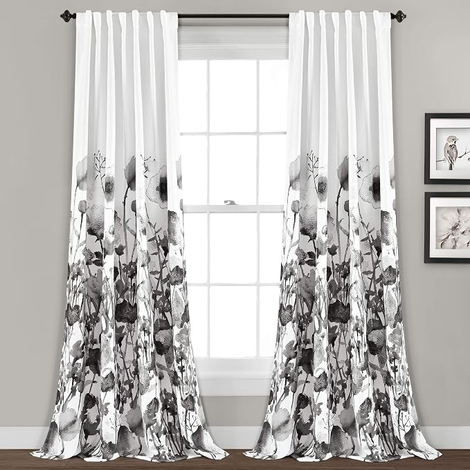 Lush Decor Zuri Flora Light Filtering Window Curtain Panel Pair, 52" W x 84" L, White & Black