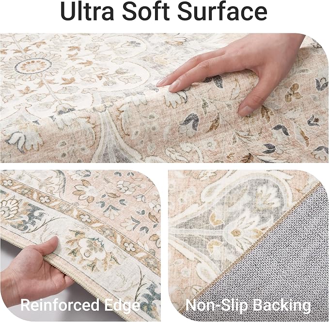 befbee 6x9 Area Rugs for Living Room - Stain Resistant Machine Washable Rugs for Bedroom,Non-Slip Backing Large Area Rug (Peach/Gray, 6'x9')