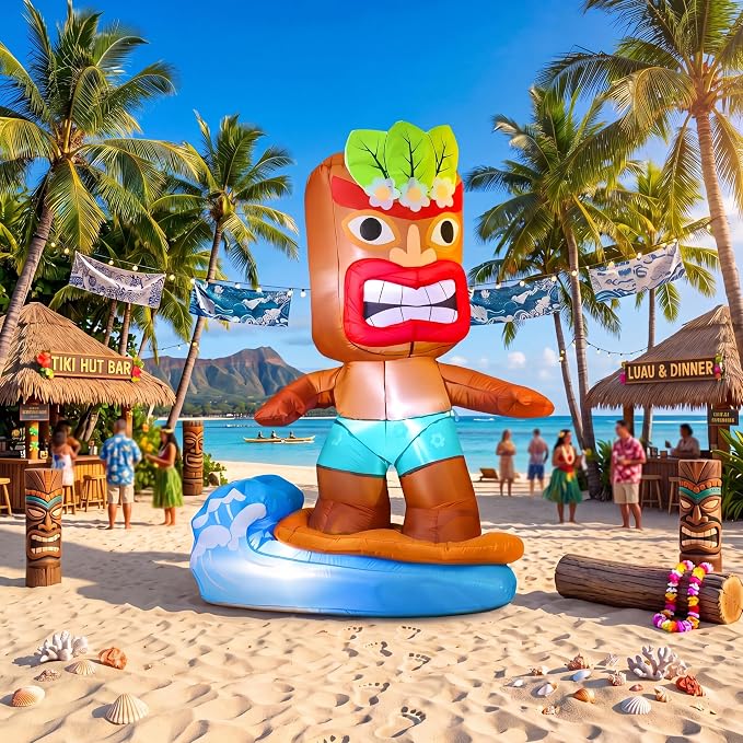 Shappy 5 ft Inflatable Tiki Surfboard Decorations Luau Hawaiian Party Decorations Summer Inflatables Outdoor LED Lighted Tiki Blow up Beach Tropical Pool Surfing Yard Party Supplies Favors