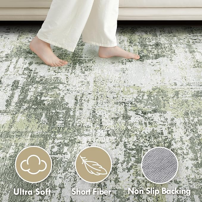 Tortania Area Rug Living Room Rugs - 10x14 Modern Abstract Neutral Large Soft Thin Rugs - Non Slip Indoor Carpet for Bedroom Dining Room Office Nursery Home Floor Decoration - Green