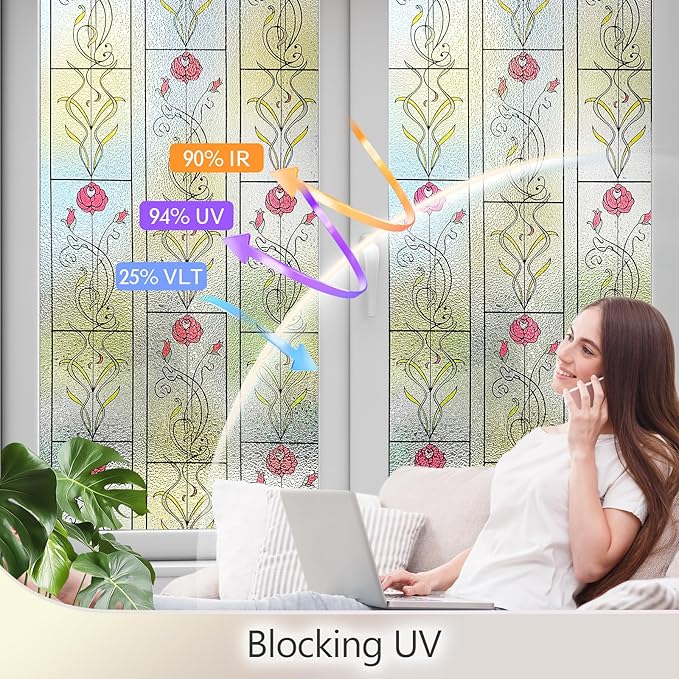 KESPEN WINDOW FILMS Window Privacy Film Stained Glass Frosted Glass Films Decorative Window Film with Rose Flower Static Cling Non-Adhesive Stickers Heat Control for Home, 47.2 Inch X 6.5 Feet