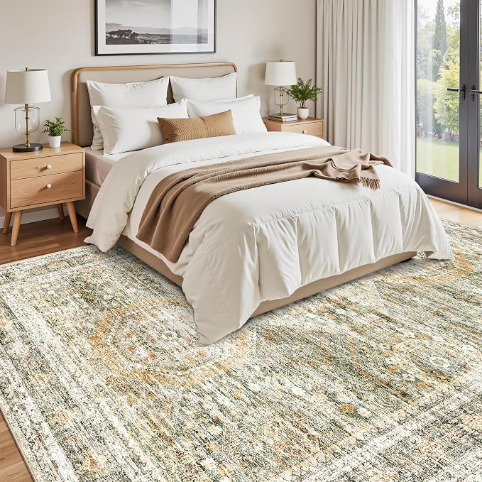 Soalmost Washable Area Rug 8x10, Large Soft Rugs for Living Room Vintage 8x10 Area Rugs for Bedroom Dining Room Non-Slip Stain Resistant Under Table Green Orange Rug