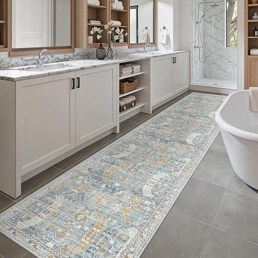 Madane Washable Runner Rugs 2x10 Long for Hallway Kitchen, Blue/Gold | Non-Slip Low-Pile 10ft Rug Runners Soft, Stain-Resistant Floor Carpet Mat for Entrance, Living Dining Laundry Room