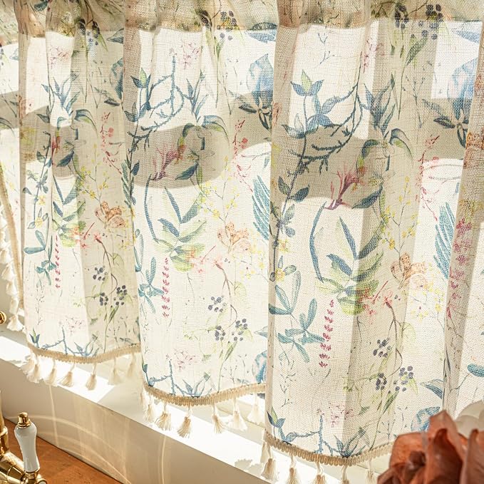 Deeprove Blue Boho Kitchen Valance Printed for Bedroom Living Room Cafe Botanical Florals Curtain with Tassel Vintage Bohemian Retro Window Small Short Treatment Light Filtering 1 Panel 52W x 18L