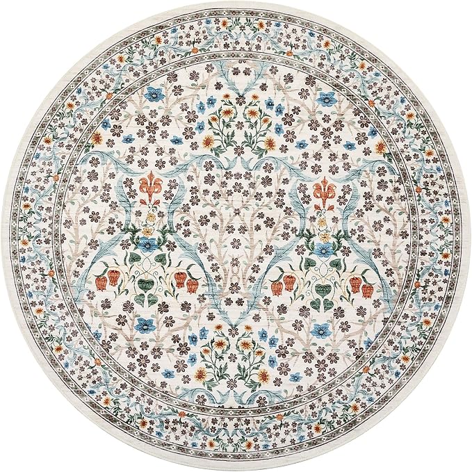 GarveeHome Beige Ivory Floral 6 ft Round Rug Washable Non-Slip Soft Low Pile Circle Carpet Vintage Rugs for Kitchen Bedroom Nursery Dining Living Room