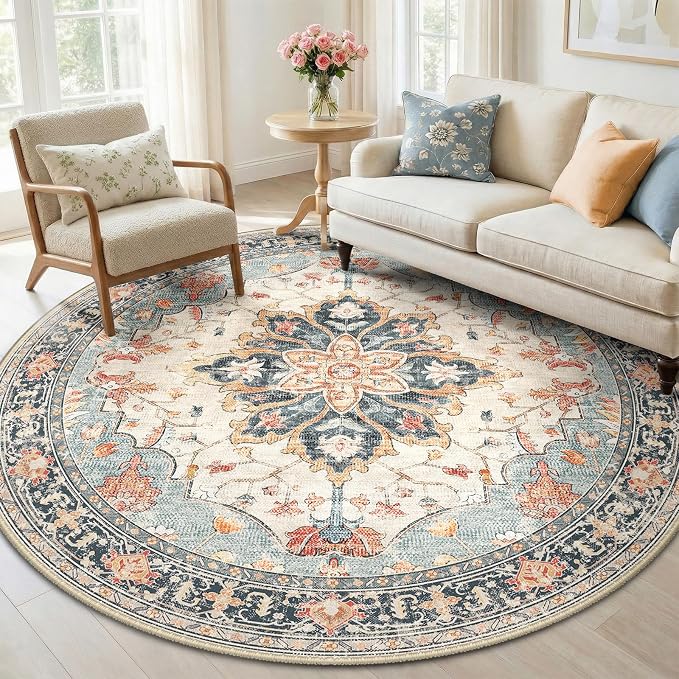 RELEANY Area Rugs Round 6ft Washable Non-Slip, Floral Vintage Distress Medallion Carpet for Living Room Bedroom Dining Room, Beige Navy Blue Orange Colorful