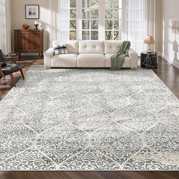 Soalmost 9x12 Area Rugs for Living Room, Washable Moroccan Trellis Soft Rug | Stain Resistant Non-Slip Low Pile Natural Large Carpet for Dining Room Bedroom Home Office Nursery Grey, 9'x12'