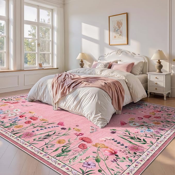 8x10 Area Rugs, Machine Washable Low Pile Floral Rugs for Living Room, Bedroom, Large Area Rug with Non-Slip Backing for Dining Room(Pink)