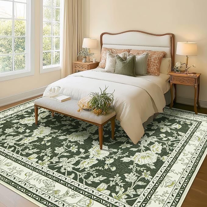 Olive Green Boho 9x12 Rug Living Room Extra Large Washable Non Slip Soft Farmhouse Carpet for Bedroom Dining Room Playroom Cream Beige and Green Peony Lily Aesthetic Pattern Floral Area Rug
