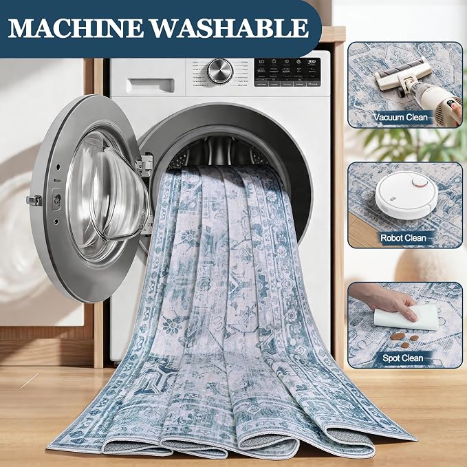 6x9 Area Rugs for Living Room:Blue Washable Vintage Medallion Boho Rug Non-Slip No Slip Stain Resistant Soft Low Pile Large Rugs Indoor Retro Carpet for Bedroom Nursery Dining Office (Blue Grey 6'x9')