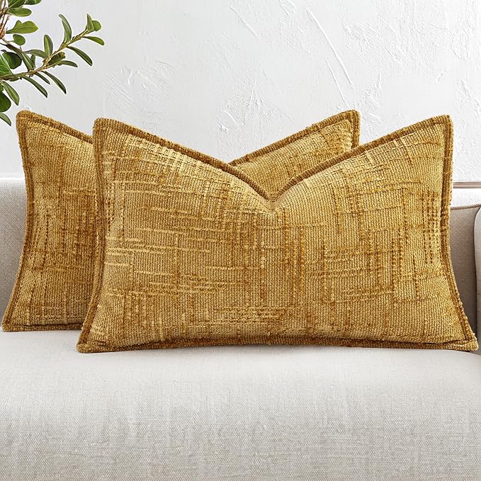 decorUhome Chenille Throw Pillow Covers 12x20 Set of 2, Soft Textured Slubby Modern Decorative Pillow Covers with Elegant Design for Couch, Sofa, Living Room, Mustard Yellow