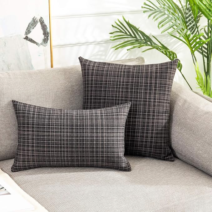 Kevin Textile Pack of 2 Decorative Outdoor Waterproof Pillow Covers Garden Cushion Sham Throw Pillowcase Shell for Patio Tent Couch 12x20 Inch Black