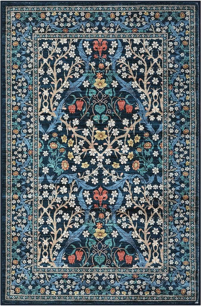 GarveeHome Floral Entryway Rug, 2x3 Washable Front Door Entry Throw Rugs Indoor, Non Slip Bathroom Small Rugs, Boho Thin Rug for Kitchen, Soft Carpet Mat for Bedroom Bathroom, Dark Blue