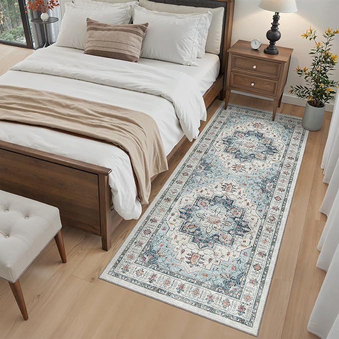 Madane Washable Runner Rug 3x6 Runners for Hallways Non Slip, Blue | Vintage Stain-Resistant 6 Feet Kitchen Rug, Soft Low-Pile Ultra-Thin Floor Carpet Mat for Bathroom Laundry Room Bedroom 2x6ft