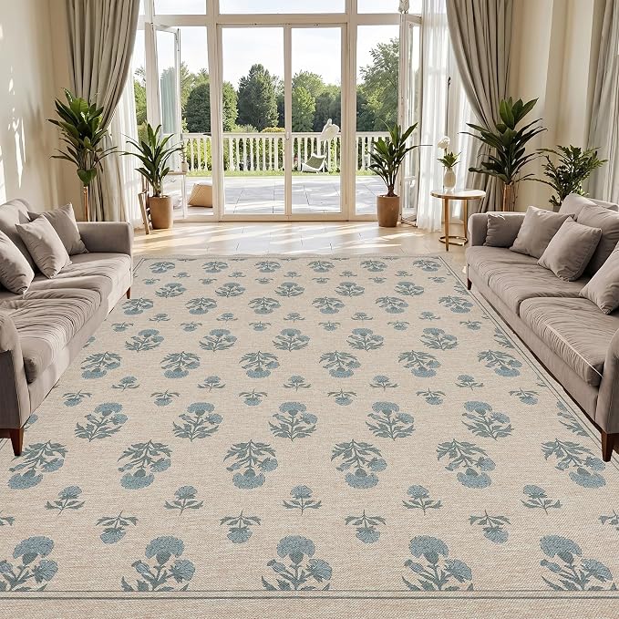 ORTIGIA Scalloped Easy Jute 8x10 Area Rug Vintage Blue Floral Farmhouse Washable Rug Non-Slip Indoor Outdoor Carpet for Living Room Bedroom Patio Entryway