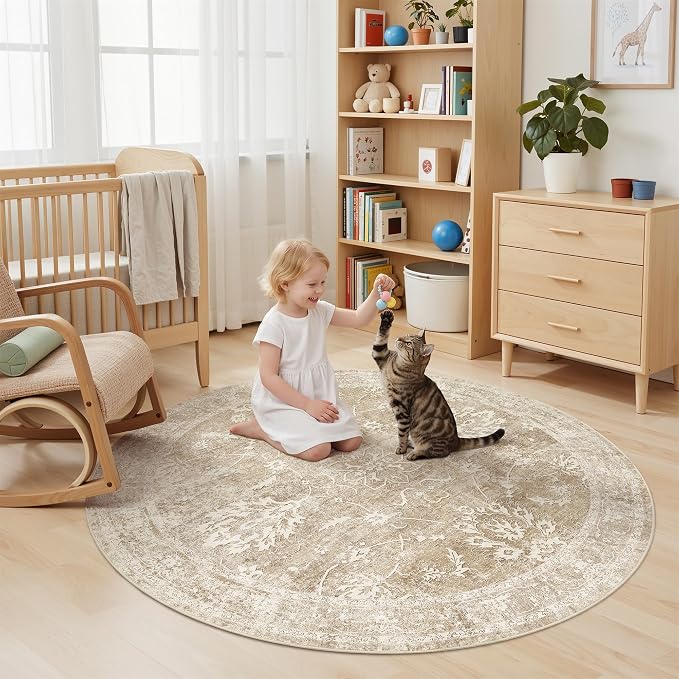 Madane Washable Round Rug 5ft for Living Room, Soft Ultra-Thin Non-Slip Vintage Floral Circle Area Rug, 5x5 Round Throw Carpet for Entryway Nursery Bedroom Kitchen Dining Room (Beige/Brown, 5'Round)