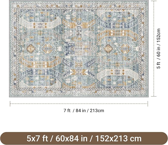 befbee 5x7 Area Rugs for Living Room,Stain Resistant Washable Rug,Non-Slip Backing Carpets for Bedroom,Kitchen,Printed Vintage Home Decor Rug (Blue/Gold, 5'x7')