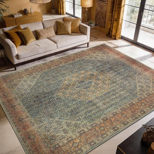 Keen Home Design 10x14 Rug - Machine Washable Area Rug with Non-Slip Backing, Ideal for Living Room, Dining Room, Bedroom - Vintage, Easy Clean, Durable, Low Pile Rug - (9'7" x 14')