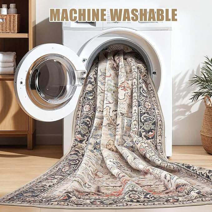 9x13 Area Rugs for Living Room - Large Carpet Ultra Thin Soft Washable Oriental Vintage Floral Distressed Rug Big Indoor Carpets for Bedroom Nursery Dorm Home Decor Aesthetic - Multi Color