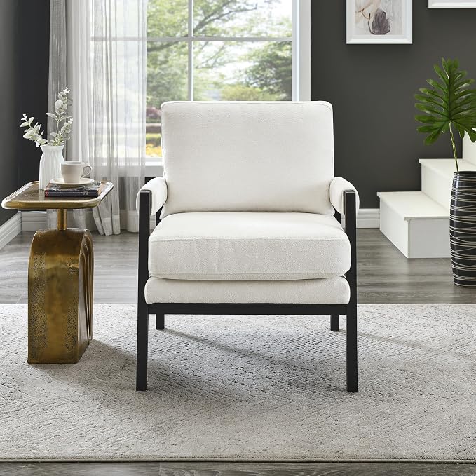 Roundhill Furniture Kelly Mid-Century Modern Chenille Upholstered Accent Armchair, White