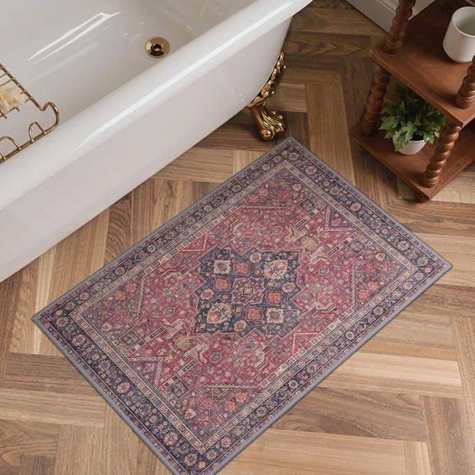 GENIMO Area Rug 2x3 Doormat, Machine Washable Low Pile Rugs, Small Retro Entryway Mat for Entrance, Hallway, Kitchen and Corridor,Vintage Scarlet
