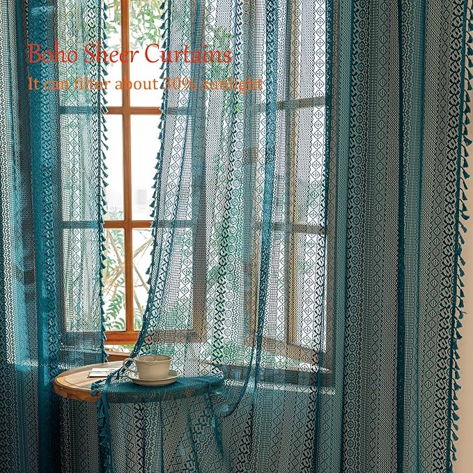 Sutuo Home Boho Curtains 2 Panels for Kitchen Nursery,Turquoise Lace Curtains Semi Sheer Crochet Vintage Hollow Country Tassels Bohemian Drape Privacy Window Treatments Rod Pocket, 50" x 63" Teal