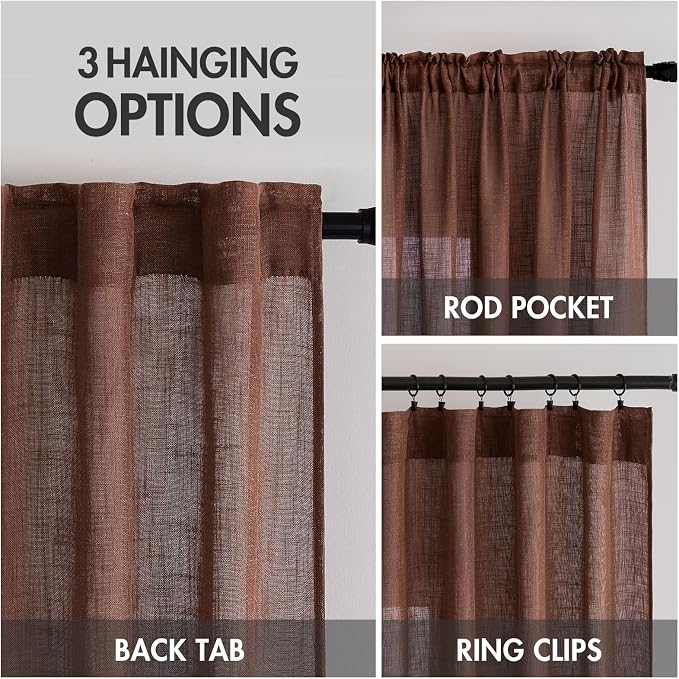 MIULEE Chocolate Brown Linen Curtains 96 Inch Long for Bedroom Living Room, Soft Thick Linen Textured Window Drapes Semi Sheer Light Filtering Back Tab Rod Pocket Burlap Look Decor, 2 Panels