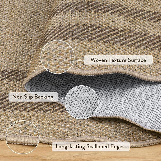 LIVEBOX Scalloped Easy Jute 4x6 Outdoor Rug, Washable Non Slip Geometric Area Rugs for Living Room Bedroom, Indoor Outdoor Farmhouse Rug Modern Carpet Door Mat Tan Rugs for Patio Dining Room Entryway