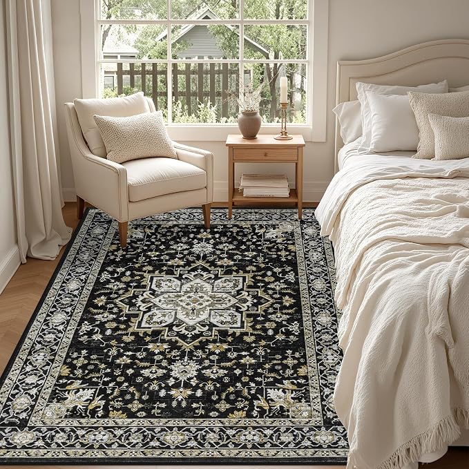 5x7 Area Rugs Living Room Rug: Washable Vintage Boho Medallion Rug No Slip Stain Resistant Soft Carpet Indoor Large Carpets for Bedroom Dining Room Farmhouse Nursery Hallway Home Office Black Gold