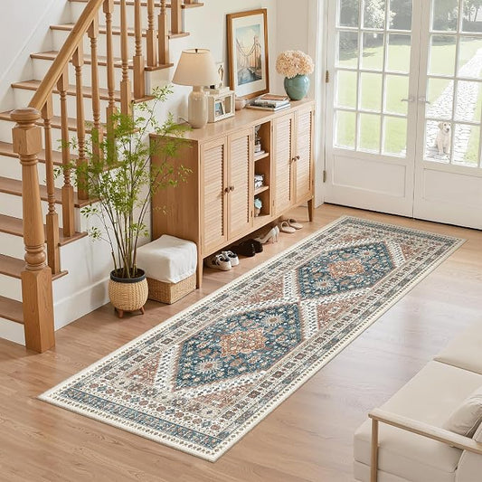Madane Washable Runner Rug - 2x6 Rug Runners for Hallways 6 Feet Non Slip Vintage Kitchen Runner Rug Ultra-Thin Bathroom Runner Rugs Carpet Laundry Room Bedroom (2x6ft, Navy Blue)